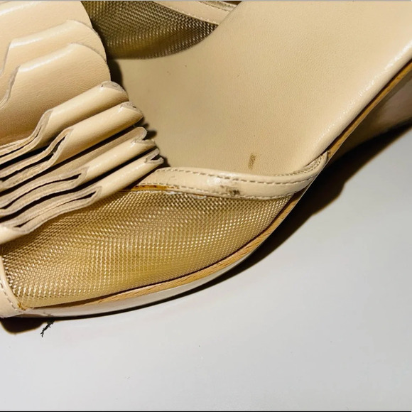 Monica Magli Tan Flutter Mesh Inset Slip-on Wooden Wedged Sandals 6 Women’s - Picture 4 of 12